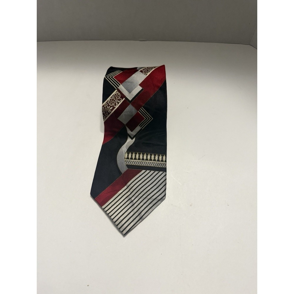 Langston Courte Mens Silk Tie Geometric Abstract Red Black Silver Made in USA